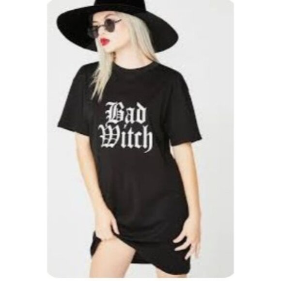 Bad Witch Graphic Tee W/ Gothic Print & Striped Arm Warmers – Trickz N Treatz - Picture 6 of 8